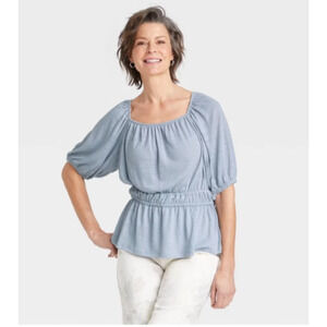 Womens Raglan Short Sleeve Textured Top Light Blue Large